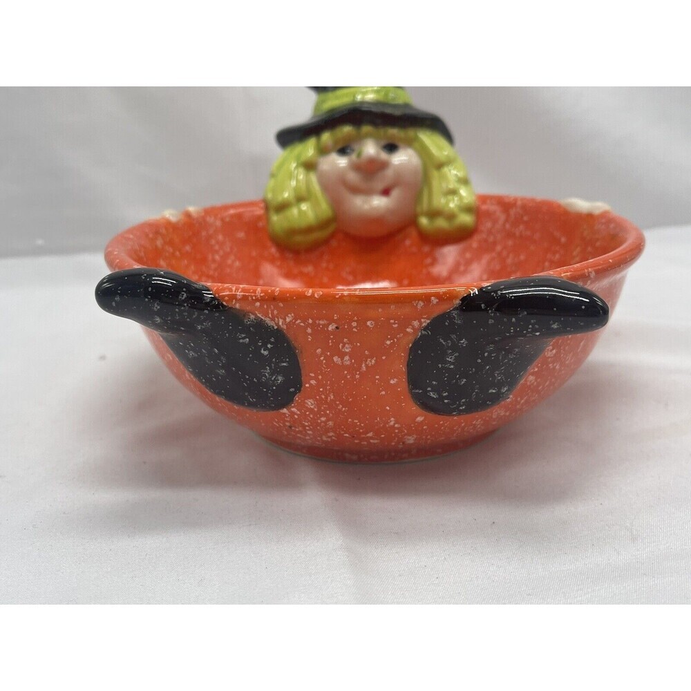 Cloe K Halloween Witch Candy Dish Bowl Ceramic Orange Green Black RARE - Picture 7 of 16